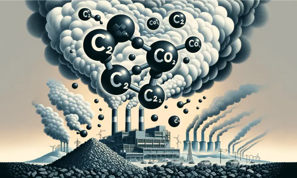 Molekuły CO2 unoszą się nad fabryką spalającą węgiel. Obraz ilustruje, ile CO2 powstaje z tony węgla.