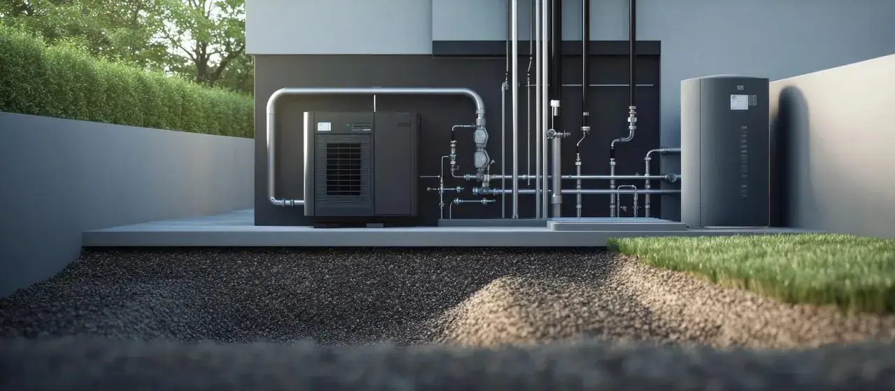 Nowoczesne gruntowe pompy ciepła zasilają dom, czerpiąc energię z ziemi. System rur i zbiornik są dyskretnie umieszczone obok zielonego ogrodu.