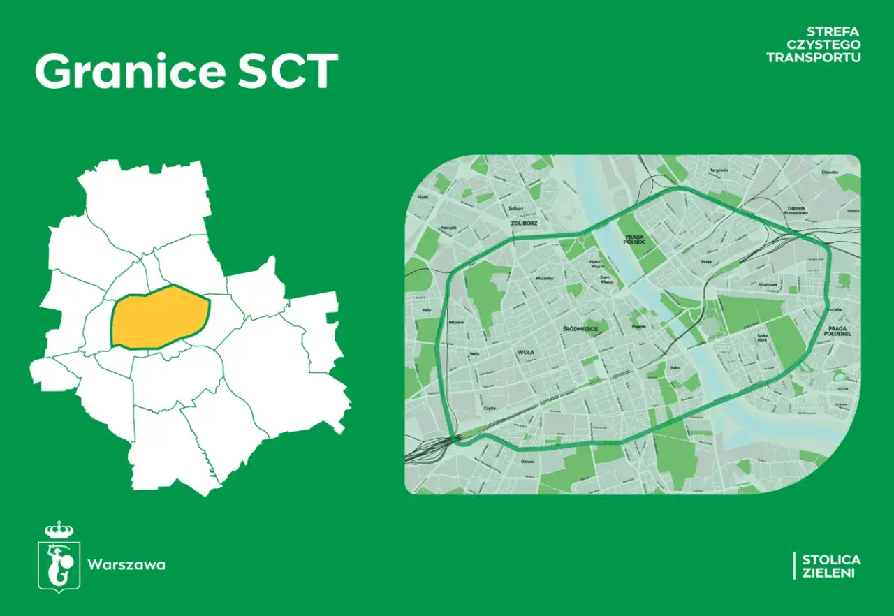 Mapa Warszawy z zaznaczoną żółtą obwódką strefą SCT. Obok mapa miasta z wyznaczoną trasą strefy czystego transportu.