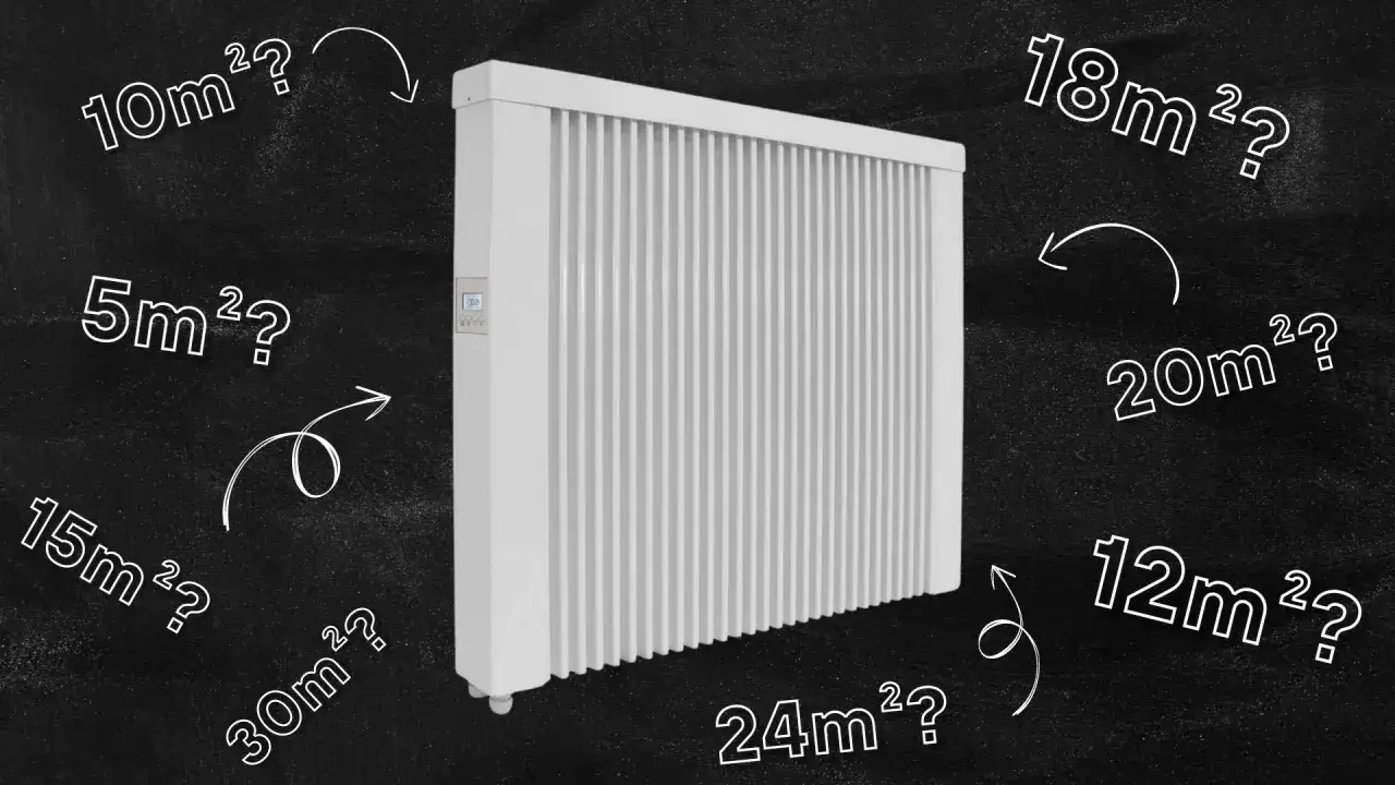 Jaki grzejnik do pokoju 16m²? Biały grzejnik elektryczny otoczony pytaniami o powierzchnię pomieszczeń, od 5m² do 30m².
