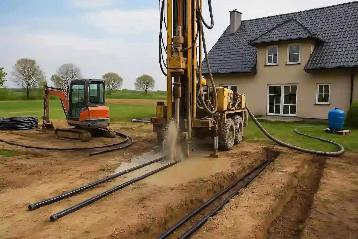 Wiertnica przygotowuje teren pod instalację głębinowych pomp ciepła. Obok koparka i rury.