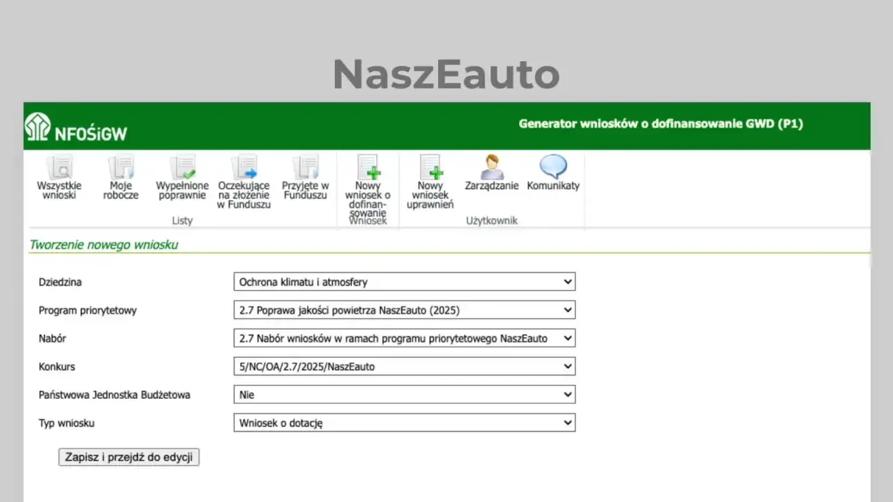 Formularz tworzenia nowego wniosku w programie