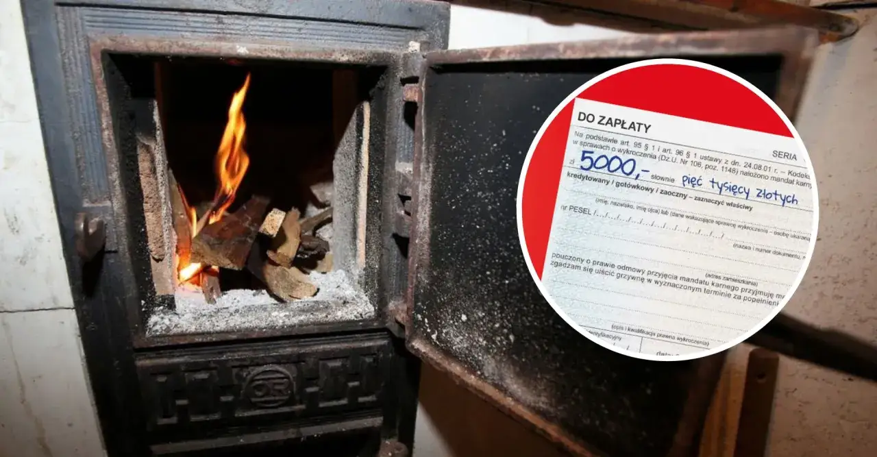 Piec bezklasowy z płonącym drewnem i dokumentem