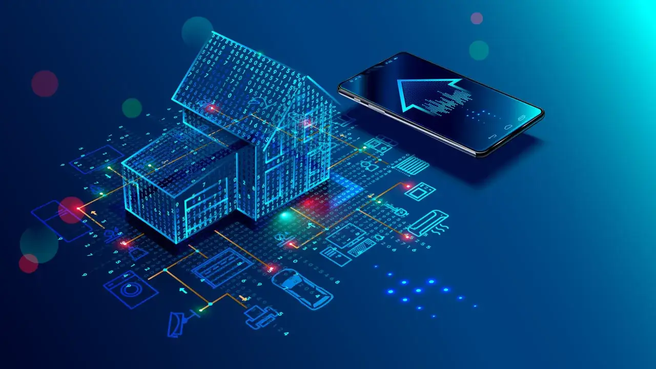 Inteligentny dom sterowany smartfonem, z ikonami urządzeń i cyfrowym kodem, symbolizujący zarządzanie energią.