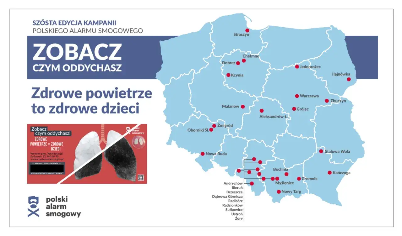 Mapa Polski z zaznaczonymi miastami objętymi kampanią Polski Alarm Smogowy. Grafika pokazuje porównanie zdrowych i zanieczyszczonych płuc.