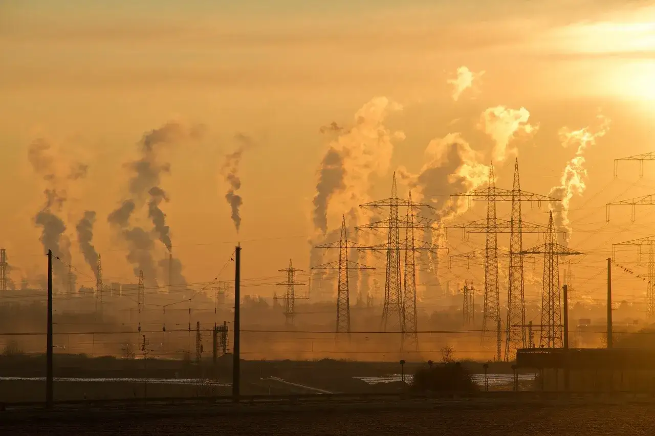 Dymiące kominy i linie energetyczne na tle zachodzącego słońca. W tle widać zarys elektrowni gazowych w Polsce.