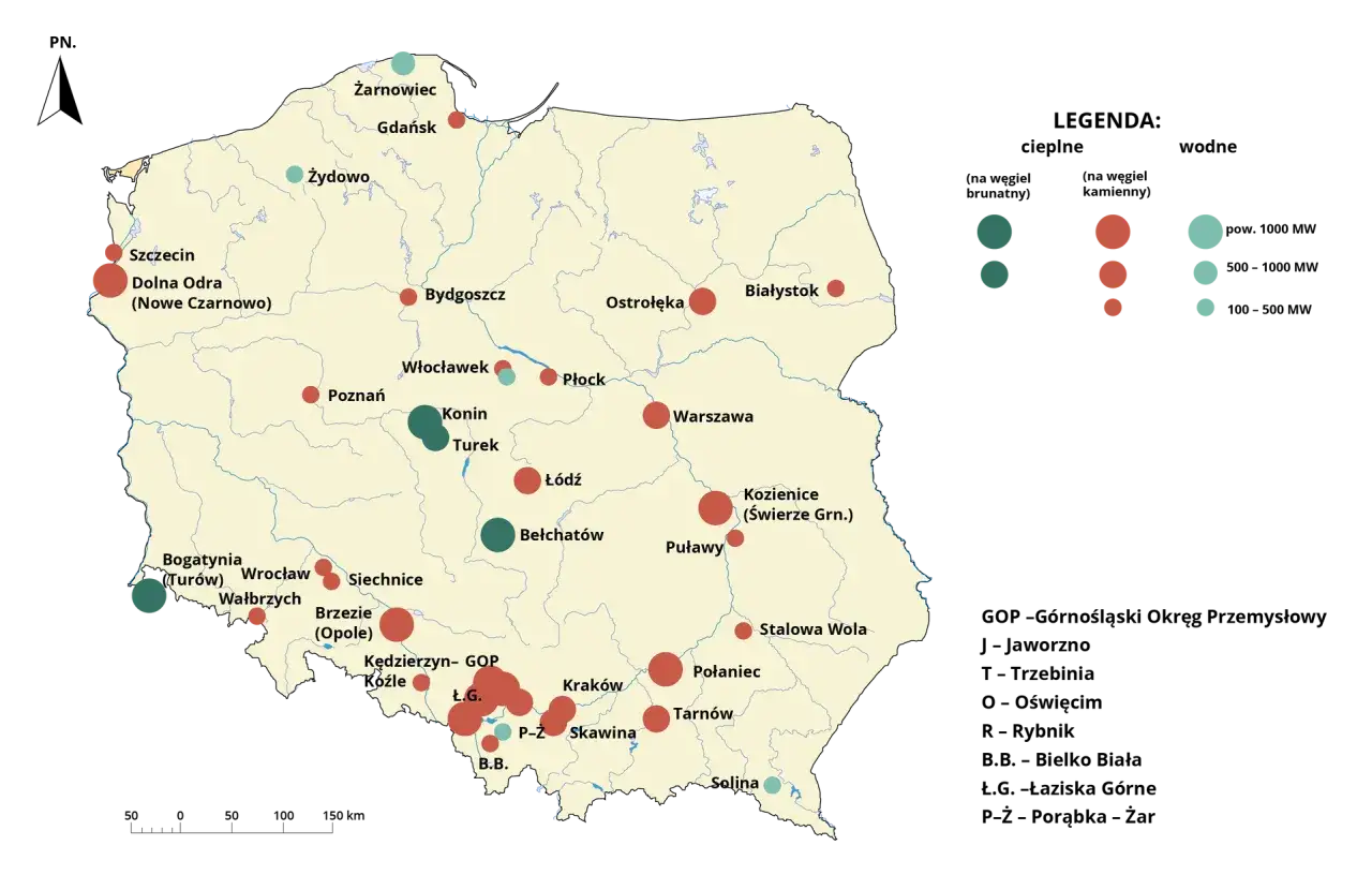 Mapa Polski z zaznaczonymi elektrowniami. Kolory i rozmiary kół wskazują rodzaj paliwa i moc. Produkcja energii elektrycznej w Polsce online.