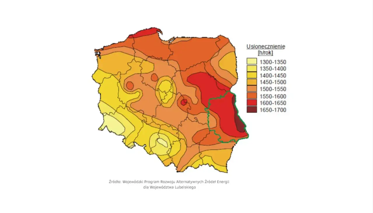 Mapa Polski z zaznaczonym nasłonecznieniem w godzinach rocznie. Najwięcej słońca na wschodzie, najmniej na zachodzie.
