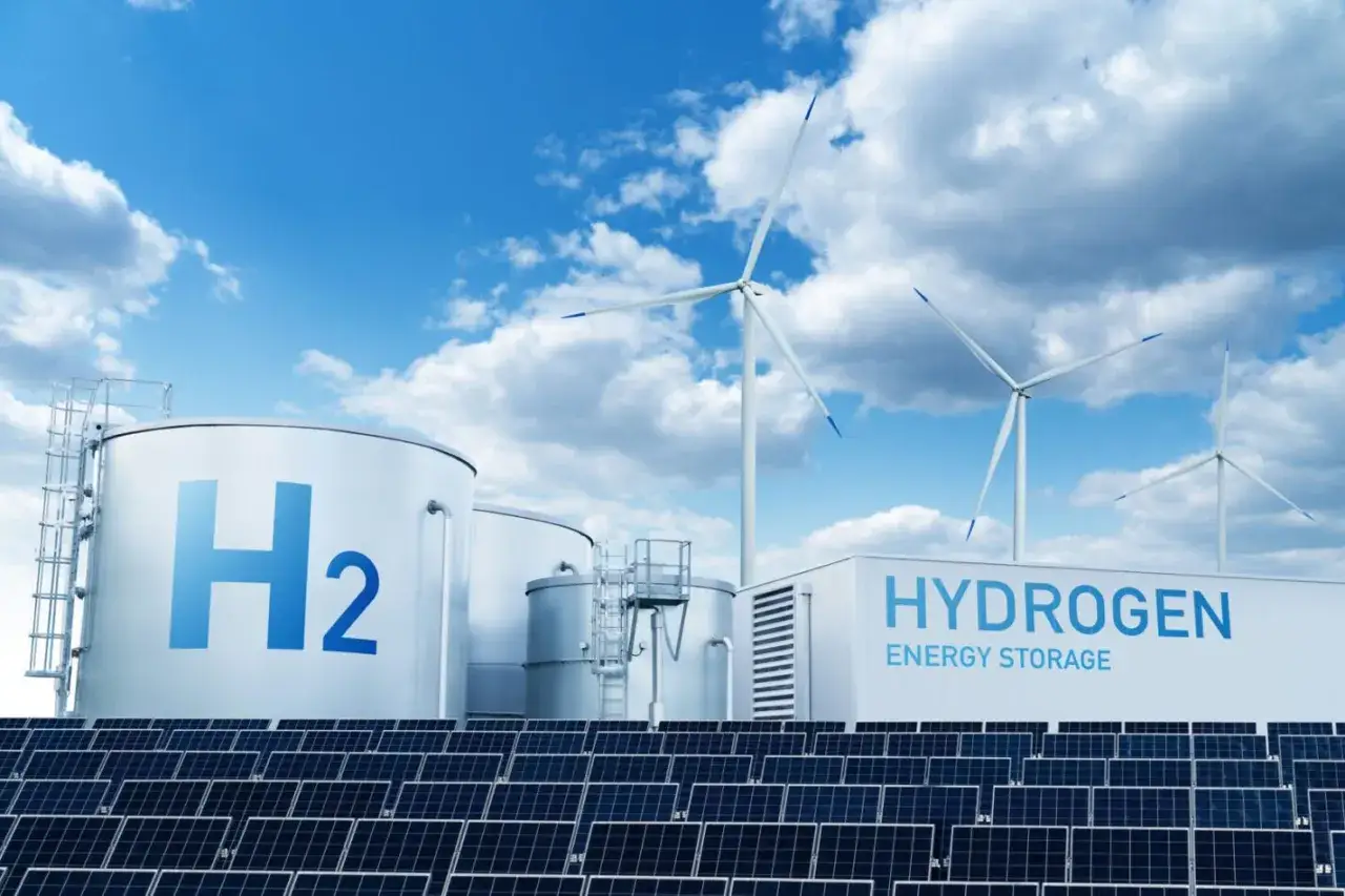 Panele słoneczne, turbiny wiatrowe i zbiorniki H2 symbolizują przyszłość: czystą energię wodoru.