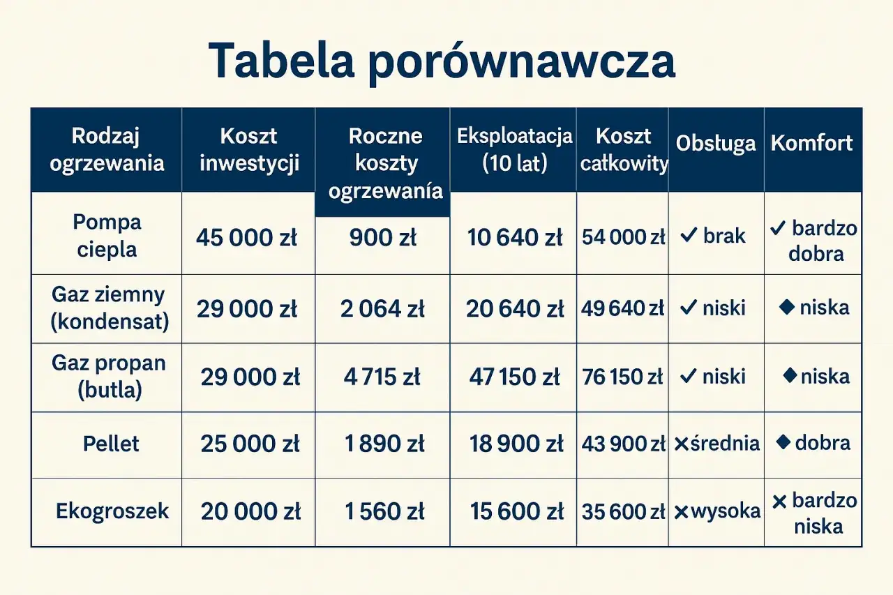 Tabela porównawcza ogrzewania: ekogroszek i pellet oferują tanie ogrzewanie, z niskimi kosztami inwestycji i eksploatacji.