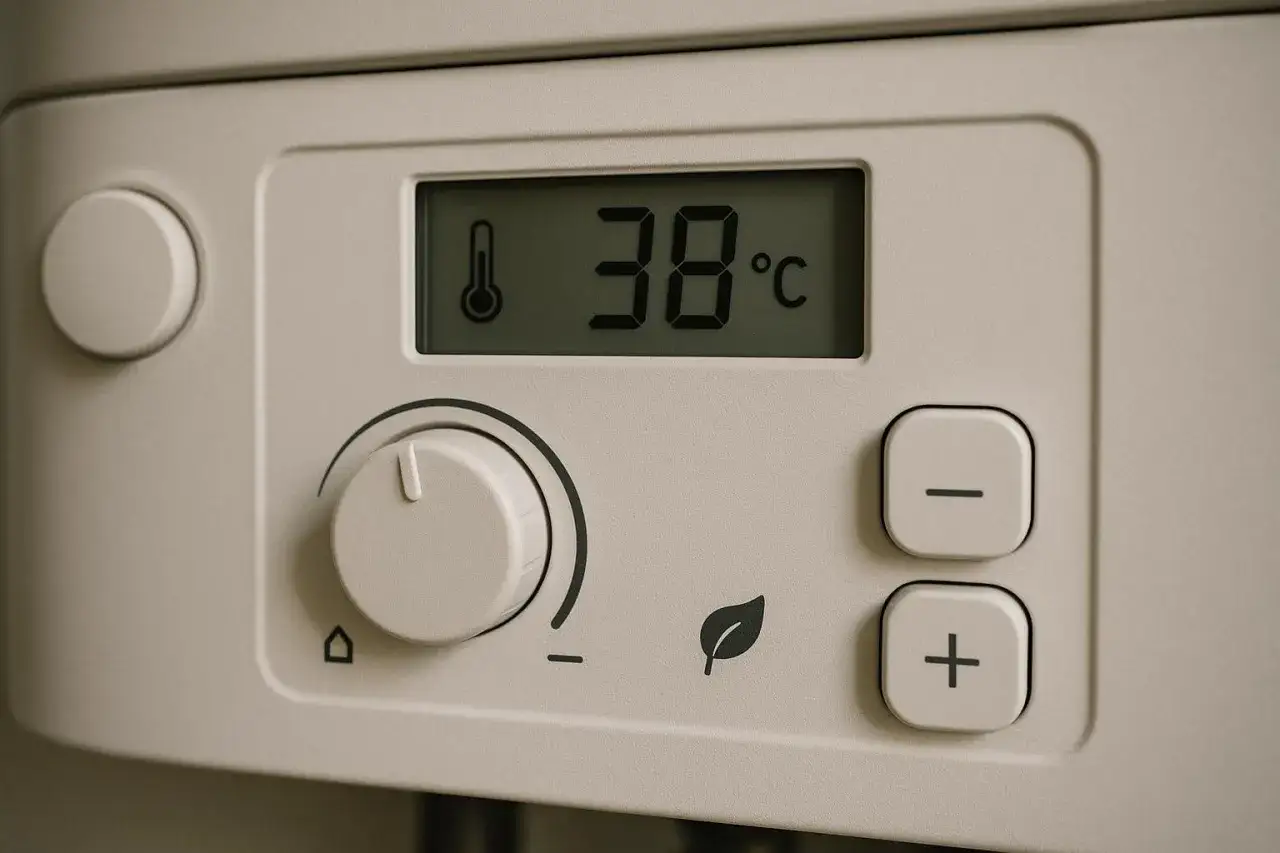 Panel sterowania pieca gazowego dwufunkcyjnego. Cyfrowy wyświetlacz pokazuje 38°C. Pokrętło regulacji temperatury i przyciski +/-.