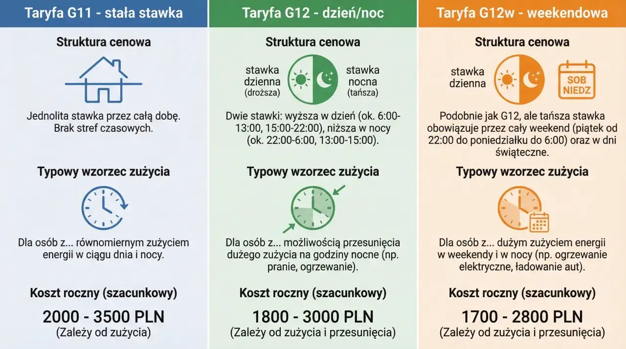 Porównanie taryf prądu: G11 (stała), G12 (dzień/noc), G12w (weekendowa). Dowiedz się, jak zmienić dostawcę prądu, wybierając najkorzystniejszą opcję.
