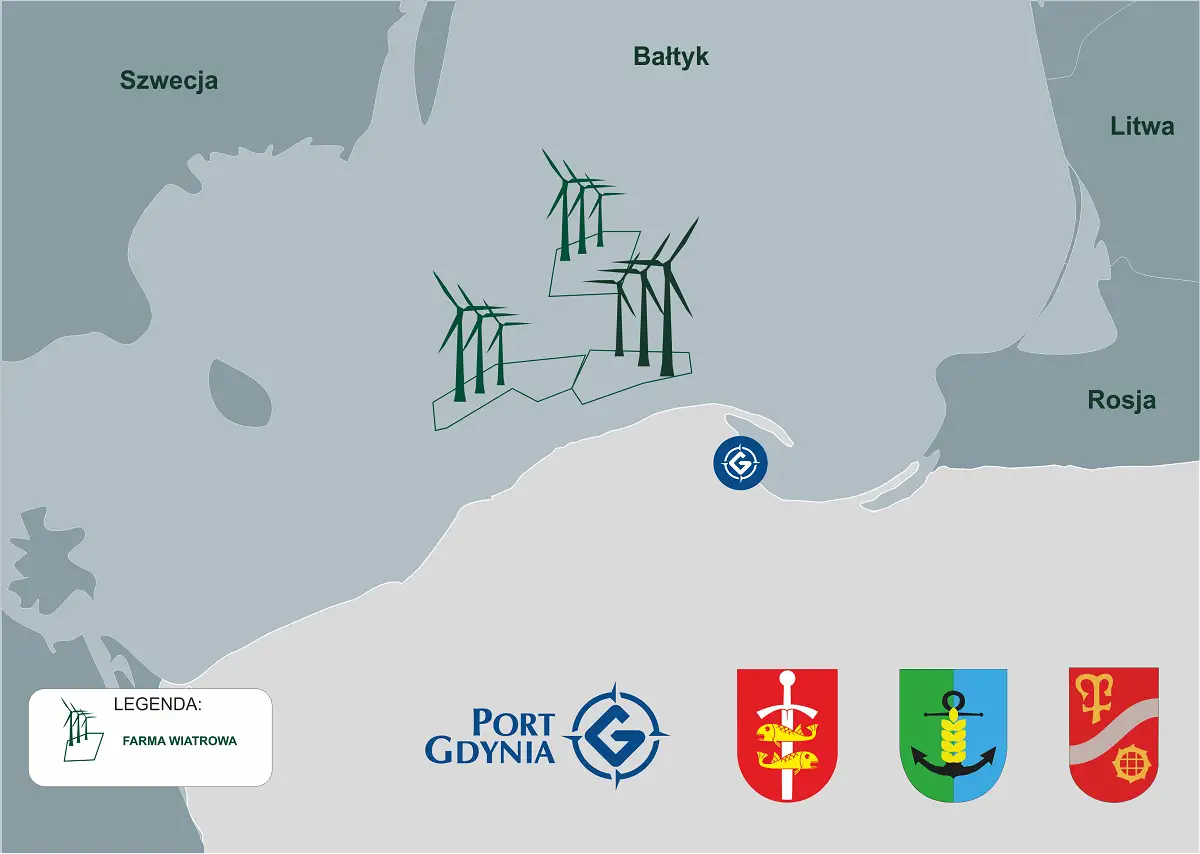 Mapa Bałtyku z farmą wiatrową, pokazującą potencjał energii pływów. Widoczne Szwecja, Litwa, Rosja i Gdynia.