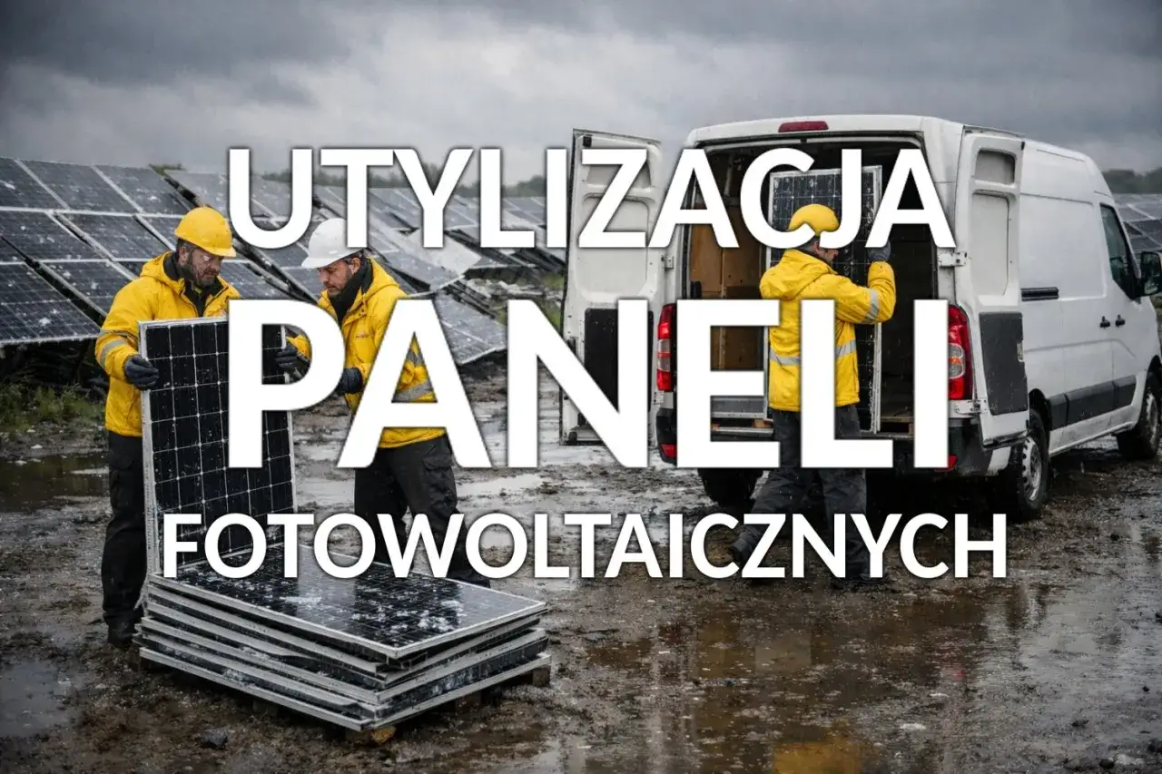 Pracownicy w żółtych kurtkach zajmują się utylizacją paneli fotowoltaicznych, układając je obok białego vana.