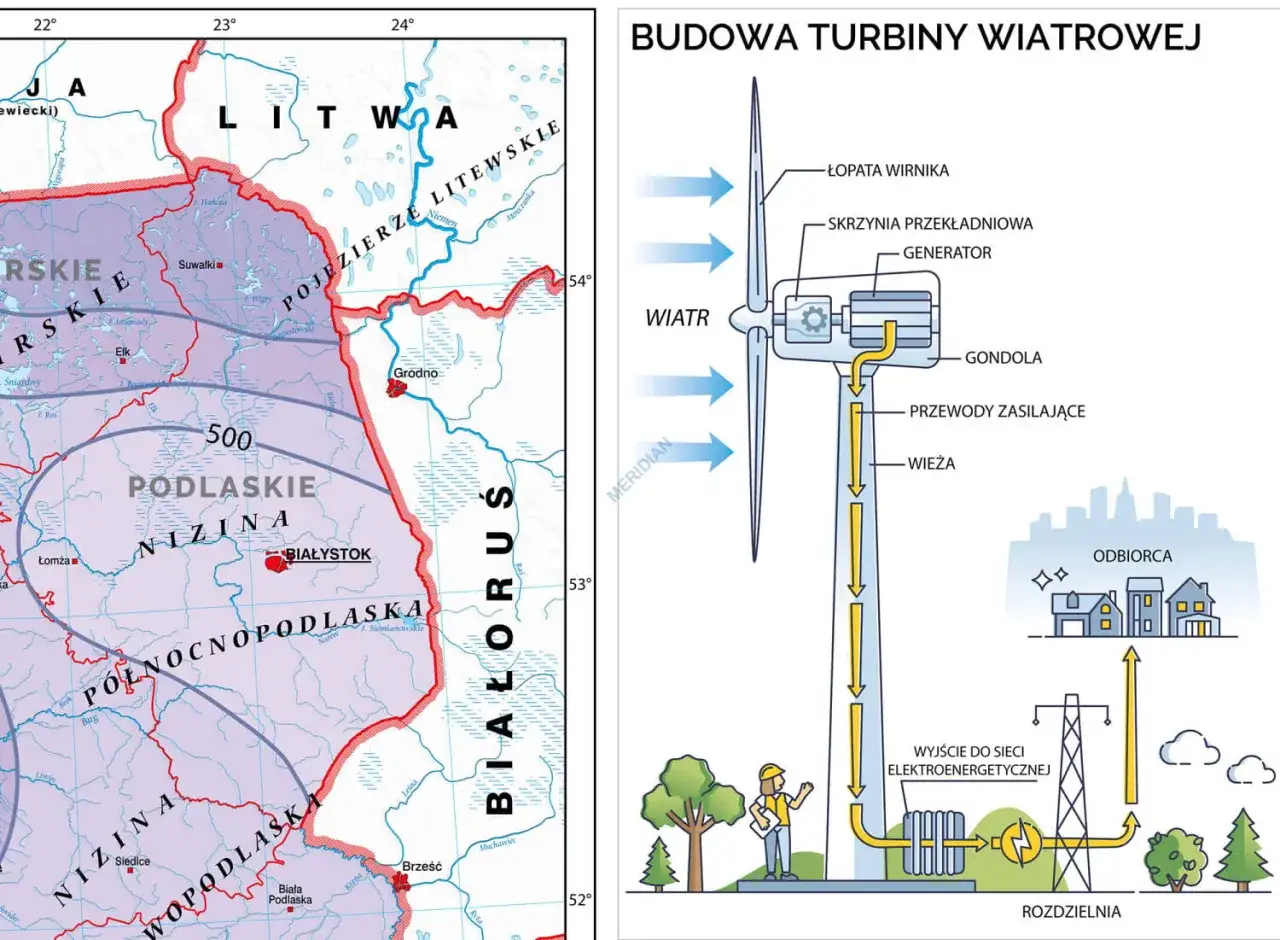 Mapa Podlasia i schemat budowy turbiny wiatrowej ilustrujące źródła energii elektrycznej w Polsce.