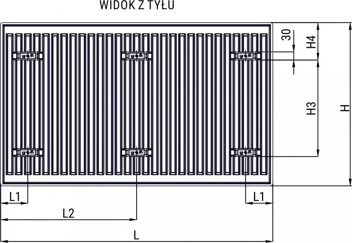 Schemat grzejnika V22 z widokiem z tyłu, pokazujący wymiary L, H, L1, L2, H3, H4 i 30.