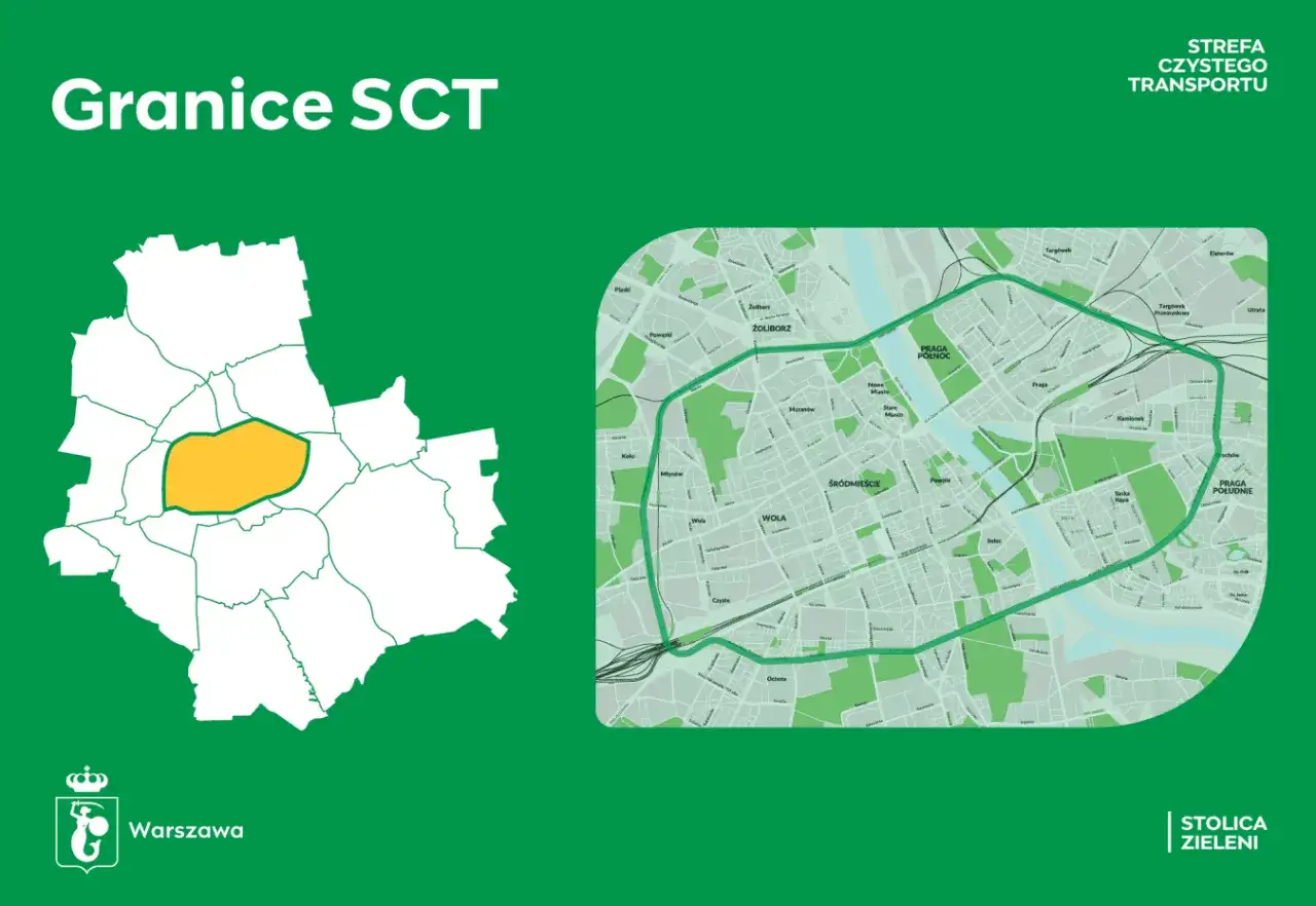 Mapa Warszawy z zaznaczoną żółtą obwódką strefą SCT. Obok mapa miasta z wyznaczoną trasą strefy czystego transportu.