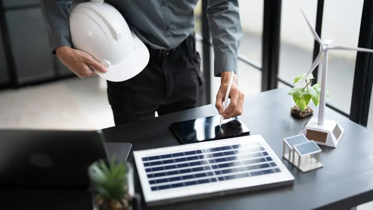 Inżynier planuje mój prąd dla firm, analizując modele paneli słonecznych i turbiny wiatrowej na tablecie.