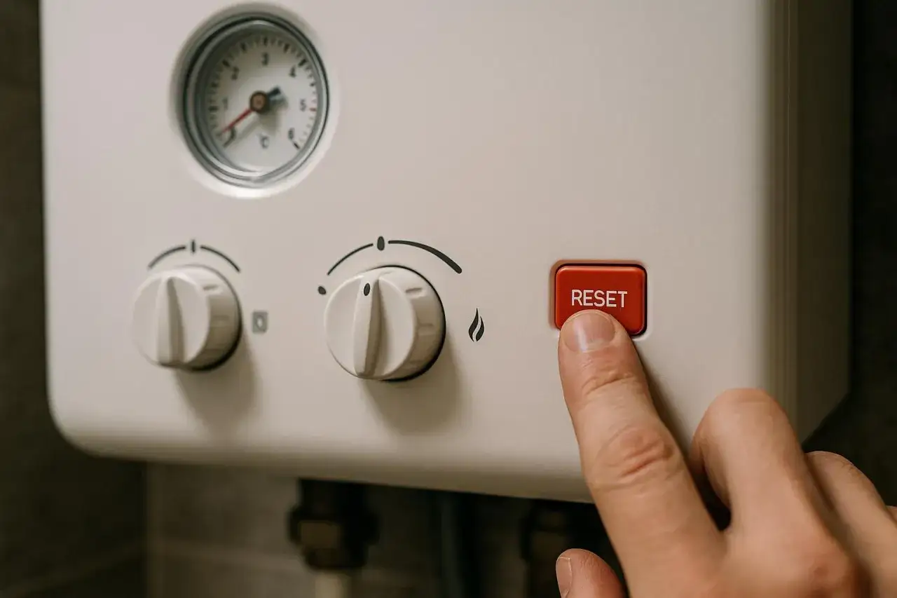 Palec naciska czerwony przycisk RESET na piecu gazowym. Dowiedz się, jak zresetować piec gazowy.