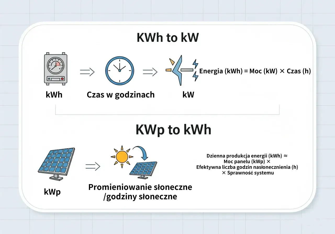 Wyjaśnienie, kwh co to: Energia (kWh) = Moc (kW) × Czas (h). Obok panel słoneczny (kWp) i słońce.