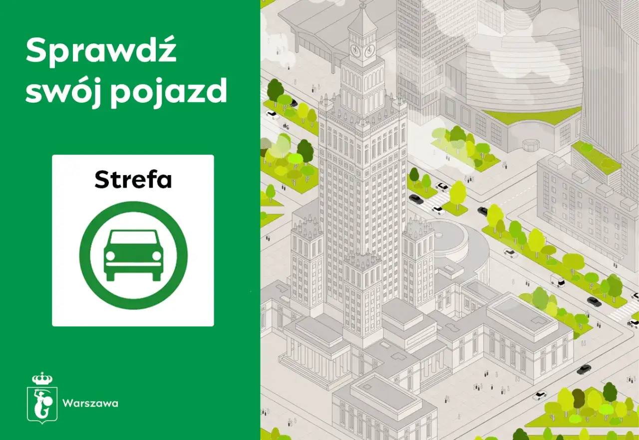 Sprawdź swój pojazd w czystej strefie Warszawa. Znak z zielonym autem w okręgu.