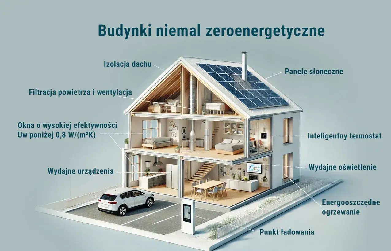 Przekrój domu zeroenergetycznego z panelami słonecznymi, izolacją, energooszczędnymi oknami i inteligentnym termostatem.