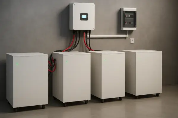 Nowoczesny magazyn energii z białymi modułami akumulatorowymi i falownikiem na ścianie. System gotowy do gromadzenia i dystrybucji mocy.
