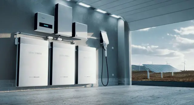Nowoczesny system magazynowania energii z bateriami litowo-jonowymi, gotowy do gromadzenia mocy ze słońca i wiatru.