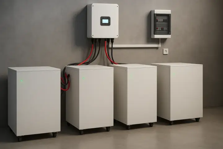 Nowoczesny magazyn energii z białymi modułami akumulatorowymi i falownikiem na ścianie. System gotowy do gromadzenia i dystrybucji mocy.